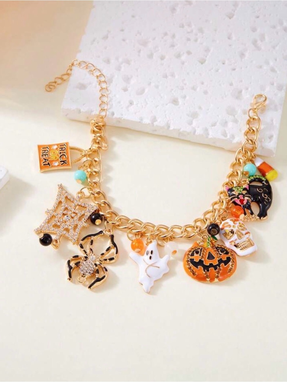 Gold Halloween Charm Bracelet with Orange Pumpkin & White Ghost